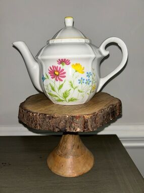 White Floral Ceramic Teapot with Pink, Yellow & Blue Flowers